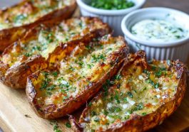 Crispy roasted potato skins topped with garlic, fresh herbs, and melted cheese, served golden brown on a platter.