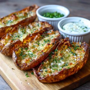 Crispy roasted potato skins topped with garlic, fresh herbs, and melted cheese, served golden brown on a platter.