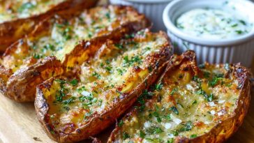 Crispy roasted potato skins topped with garlic, fresh herbs, and melted cheese, served golden brown on a platter.