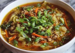 Bowl of healthy egg roll soup with ground turkey, cabbage, carrots, and green onions in a savory broth.