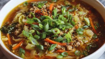 Bowl of healthy egg roll soup with ground turkey, cabbage, carrots, and green onions in a savory broth.