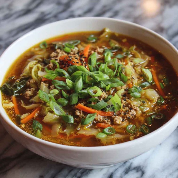 Bowl of healthy egg roll soup with ground turkey, cabbage, carrots, and green onions in a savory broth.
