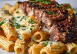 "Cajun steak cheesy rigatoni parmesan baked in a skillet, topped with melted cheese, herbs, and tender steak slices."