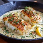 "Golden pan-seared cod fillets topped with creamy garlic sauce, served with fresh herbs and lemon wedges."