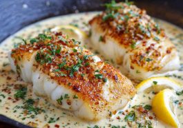 "Golden pan-seared cod fillets topped with creamy garlic sauce, served with fresh herbs and lemon wedges."