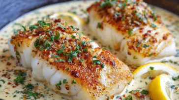 "Golden pan-seared cod fillets topped with creamy garlic sauce, served with fresh herbs and lemon wedges."