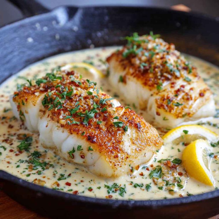 "Golden pan-seared cod fillets topped with creamy garlic sauce, served with fresh herbs and lemon wedges."