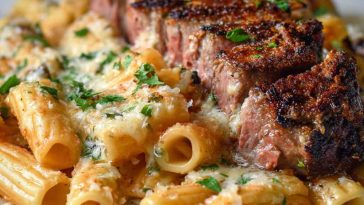 "Cajun steak cheesy rigatoni parmesan baked in a skillet, topped with melted cheese, herbs, and tender steak slices."