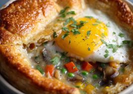Golden breakfast pot pie filled with garlic ranch mashed potatoes, eggs, and cheese.