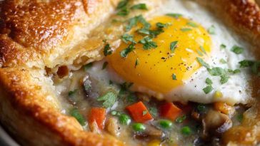 Golden breakfast pot pie filled with garlic ranch mashed potatoes, eggs, and cheese.