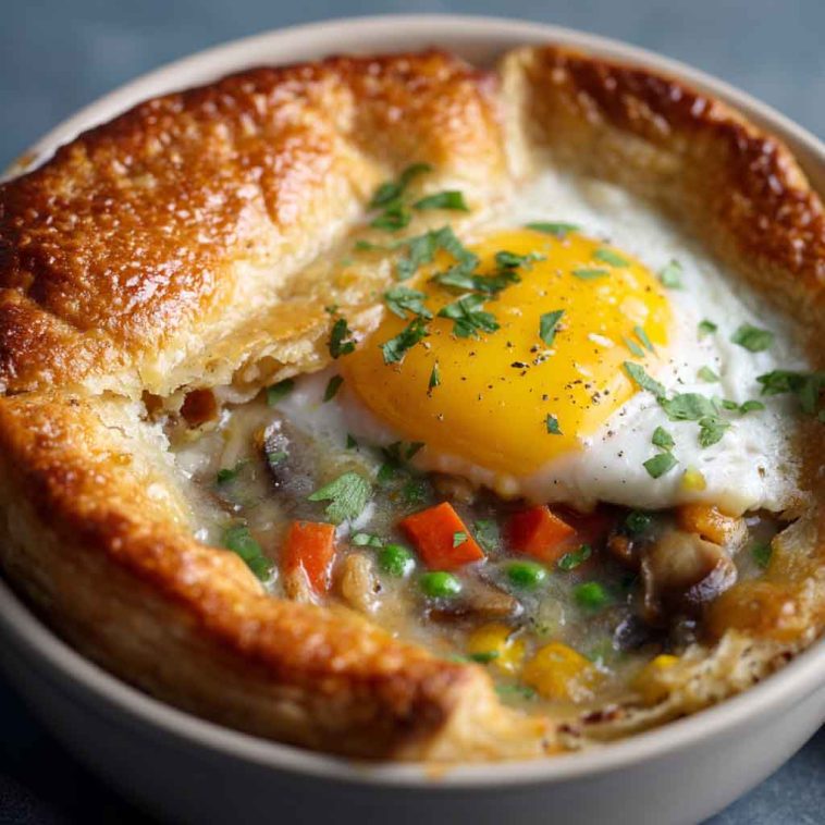 Golden breakfast pot pie filled with garlic ranch mashed potatoes, eggs, and cheese.