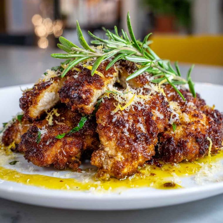 “Golden crispy lemon pecorino chicken served on a plate with fresh herbs and lemon wedges.”