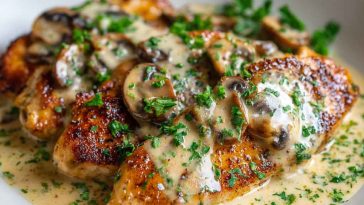 “Pan-seared chicken breast topped with rich Irish whiskey cream sauce, garnished with parsley and served with mashed potatoes.”