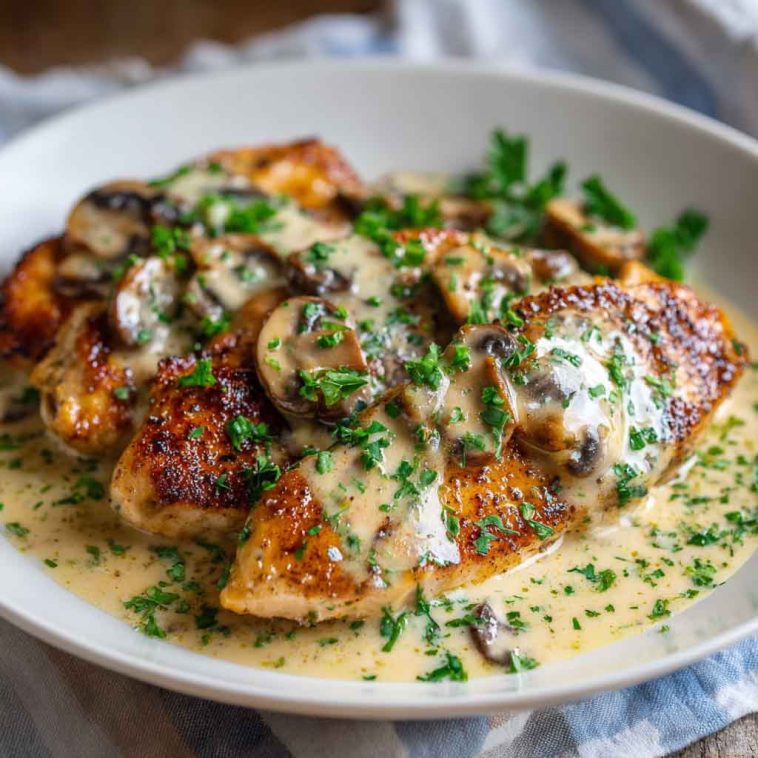 “Pan-seared chicken breast topped with rich Irish whiskey cream sauce, garnished with parsley and served with mashed potatoes.”