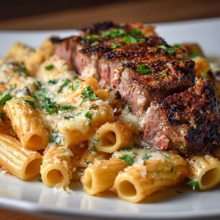 "Cajun steak cheesy rigatoni parmesan baked in a skillet, topped with melted cheese, herbs, and tender steak slices."