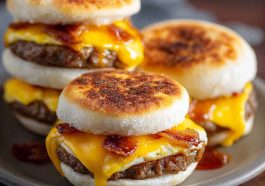 “Golden McGriddle muffins with layers of fluffy pancake, savory sausage, and melted cheese, served warm.”