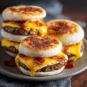 “Golden McGriddle muffins with layers of fluffy pancake, savory sausage, and melted cheese, served warm.”
