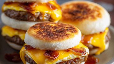 “Golden McGriddle muffins with layers of fluffy pancake, savory sausage, and melted cheese, served warm.”
