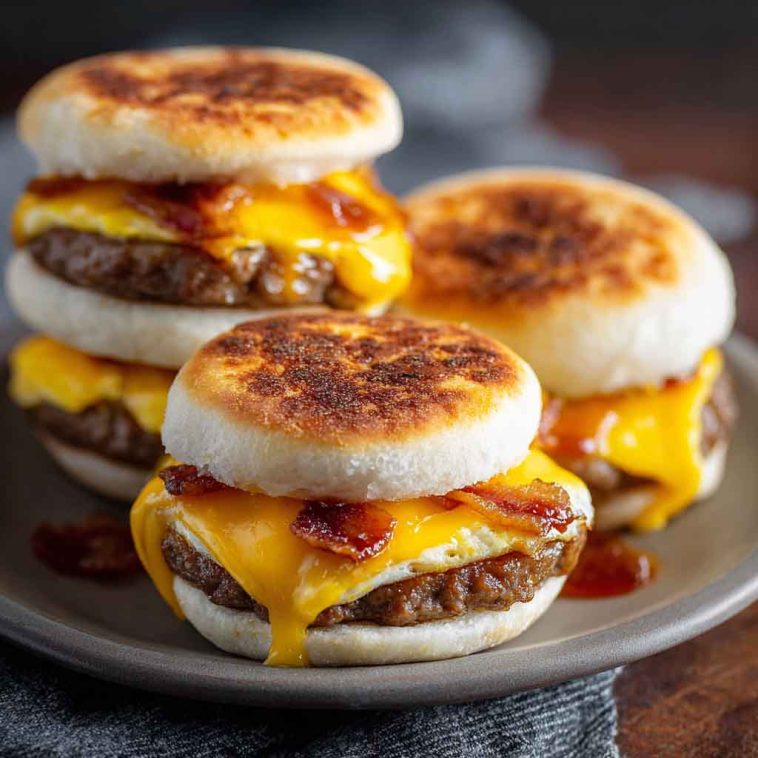 “Golden McGriddle muffins with layers of fluffy pancake, savory sausage, and melted cheese, served warm.”