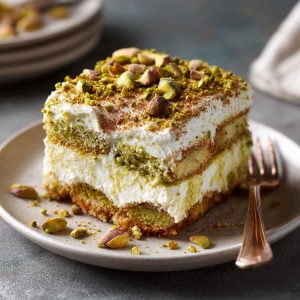 "Elegant pistachio tiramisu layered with mascarpone cream, ladyfingers, and crushed pistachios, served in a glass dish."