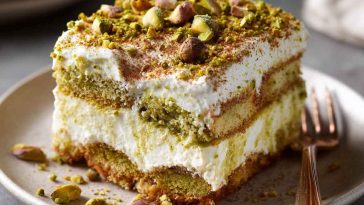 "Elegant pistachio tiramisu layered with mascarpone cream, ladyfingers, and crushed pistachios, served in a glass dish."