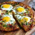 “A golden breakfast pizza with a crispy hash brown crust, topped with eggs, cheese, and breakfast toppings.”