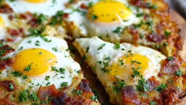 “A golden breakfast pizza with a crispy hash brown crust, topped with eggs, cheese, and breakfast toppings.”