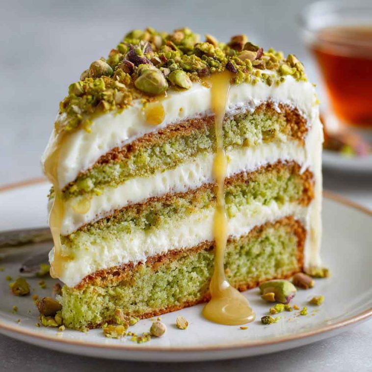 Elegant pistachio mascarpone layer cake with fluffy sponge, creamy mascarpone frosting, and crushed pistachio topping.
