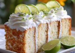 Best key lime angel food cake topped with fluffy whipped cream, fresh lime zest, and light airy texture.