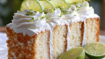 Best key lime angel food cake topped with fluffy whipped cream, fresh lime zest, and light airy texture.