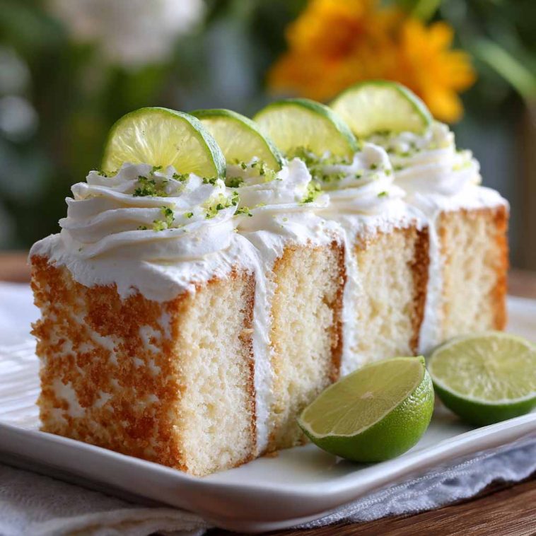 Best key lime angel food cake topped with fluffy whipped cream, fresh lime zest, and light airy texture.