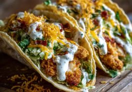 Smash chicken tacos topped with dill pickle ranch and wrapped in crispy cheese lace shells.
