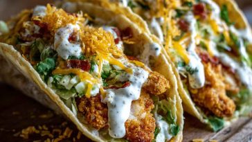 Smash chicken tacos topped with dill pickle ranch and wrapped in crispy cheese lace shells.
