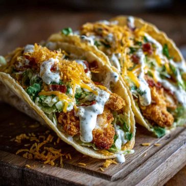 Smash chicken tacos topped with dill pickle ranch and wrapped in crispy cheese lace shells.
