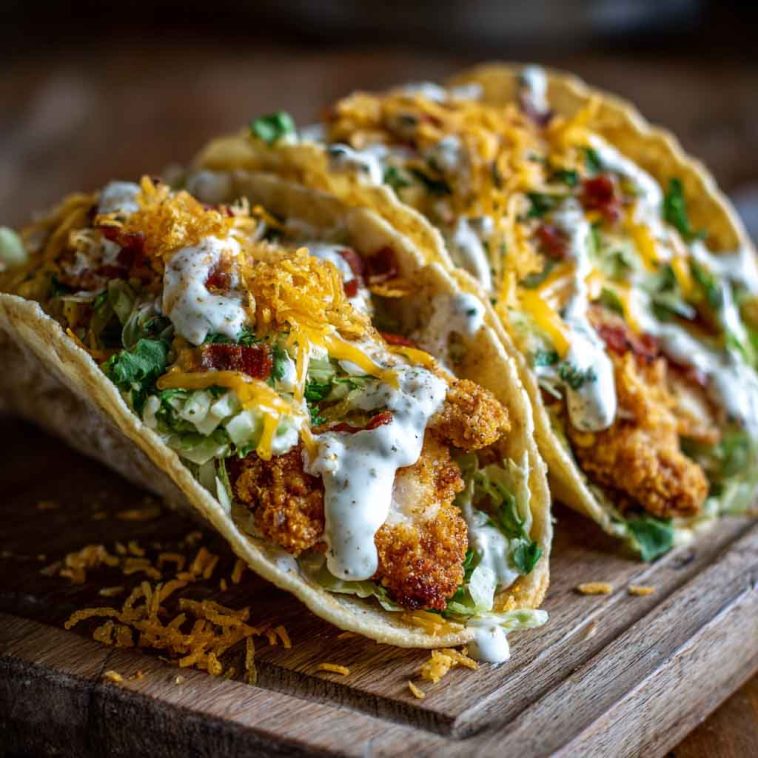 Smash chicken tacos topped with dill pickle ranch and wrapped in crispy cheese lace shells.