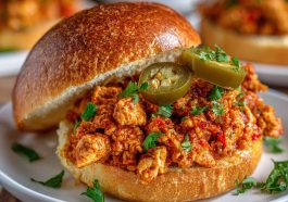 "Easy Cajun chicken sloppy joes served on toasted buns with spicy Cajun seasoning, melted cheese, and fresh parsley garnish."
