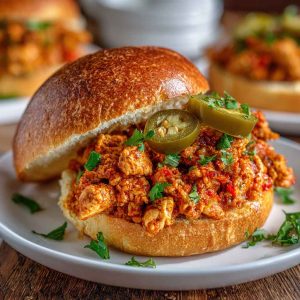 "Easy Cajun chicken sloppy joes served on toasted buns with spicy Cajun seasoning, melted cheese, and fresh parsley garnish."