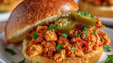 "Easy Cajun chicken sloppy joes served on toasted buns with spicy Cajun seasoning, melted cheese, and fresh parsley garnish."