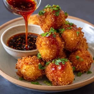 A plate of golden-brown crispy shrimp balls served with a side of sweet chili dipping sauce, garnished with fresh herbs.