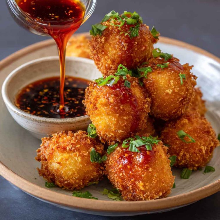 A plate of golden-brown crispy shrimp balls served with a side of sweet chili dipping sauce, garnished with fresh herbs.