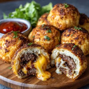 "Golden garlic parmesan cheeseburger bombs stuffed with juicy beef, melted cheese, and brushed with garlic butter."