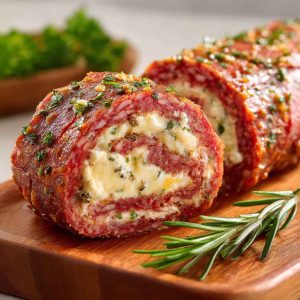 “Thin slices of salami rolled with cream cheese and herbs, arranged neatly on a serving platter.”