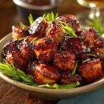 “Golden brown ham bites coated in a sticky brown sugar honey glaze, garnished with parsley and served on a platter.”