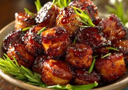 “Golden brown ham bites coated in a sticky brown sugar honey glaze, garnished with parsley and served on a platter.”