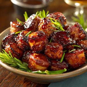 “Golden brown ham bites coated in a sticky brown sugar honey glaze, garnished with parsley and served on a platter.”