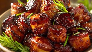 “Golden brown ham bites coated in a sticky brown sugar honey glaze, garnished with parsley and served on a platter.”