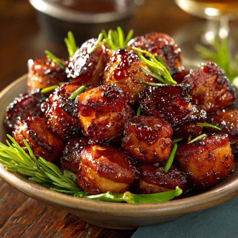 “Golden brown ham bites coated in a sticky brown sugar honey glaze, garnished with parsley and served on a platter.”