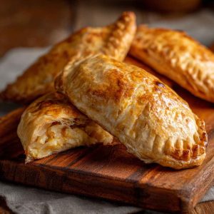 “Golden, flaky cheese and onion pasties fresh from the oven, filled with melted cheese and caramelized onions.”
