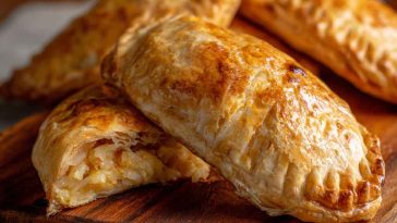 “Golden, flaky cheese and onion pasties fresh from the oven, filled with melted cheese and caramelized onions.”