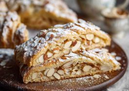 “A golden, flaky almond kringle pastry drizzled with icing and sprinkled with sliced almonds, served on a rustic platter.”